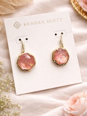 Kendra Scott Pink and Gold Octagonal Drop Earrings